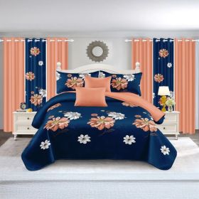 9-Piece Navy & Coral Floral Bedding & Curtain Set (Queen/King/Cal King) - Quilted Microfiber Bedspread + Sheer Curtains (Option: blue/red flower-KING)