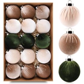 Velvet Christmas Ball Ornaments 15 Units, 3.15 Inch Shatterproof Hanging Bulbs In Green Brown And Neutral Colors (Option: Multi)