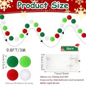 2 Pack 19.7 Ft Lighted Felt Ball Garland Christmas Pom Pom Garland, Glow Christmas Red White Green 30 Balls Garlands Illuminated For Xmas Tree Ho (Option: 2 pack)