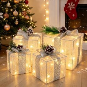 Set Of 4 Pre-Lit Christmas Gift Boxes With 70 Warm White LED Lights, Festive Indoor And Outdoor Holiday Decorations (Option: White)