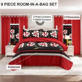 9-Piece Red & Black Floral Bedding & Curtain Set (Queen/King/Cal King) - Quilted Microfiber Bedspread + Sheer Curtains (Option: black/red flower-CAL KING)
