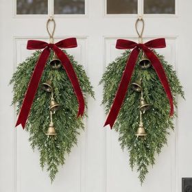 Set Of 2 Cypress Teardrop Christmas Swags With Decorative Bows And Bells, 18-Inch Hanging Holiday Decorations For Doors, Walls, Mantels, And Entr (Option: Green)