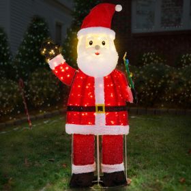 6FT Lighted Santa Christmas Yard Decorations, Pre-lit Pull Up Santa Waving Hand with 180 LED Warm White Lights and Ropes Stakes for Xmas Outdoor (Option: 08116362)