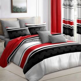 9-Piece Red & Geometric Zigzag Bedding & Curtain Set (Queen/King/Cal King) - Quilted Microfiber Bedspread + Sheer Curtains (Option: Red/Black Stripes-QUEEN)