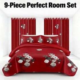 9-Piece Burgundy Red Floral Bedding & Curtain Combo Set, Vibrant Crimson Quilted Bedspread with 6 Light Filtering Window Panels & 2 Shams, Easy C (Option: Burgundy / Crimson Red Floral-KING)