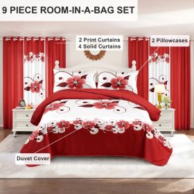 Red White Floral Duvet Cover & Curtain Set 9 Piece, Queen Size - Coordinated Bedding Bundle with Sheer Grommet Drapes, 2 Pillowcases & Matching C (Option: red/white gardenia-QUEEN)