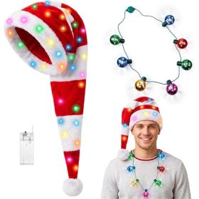LED Santa Hat And Bell Necklace Set For Adults, Christmas Party Accessories (Option: Red White)